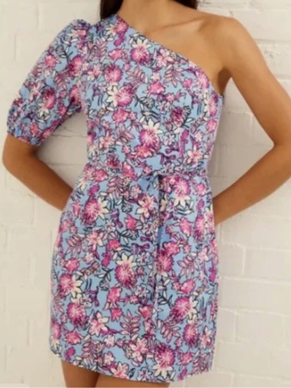 French Connection One-Shoulder Floral Mini Dress in Blue and Pink